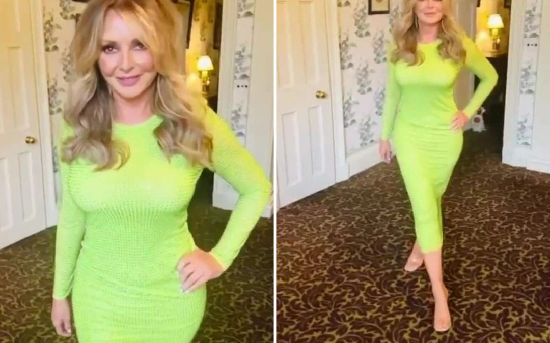 Carol Vorderman stuns in a skintight neon dress as she glams up after workout